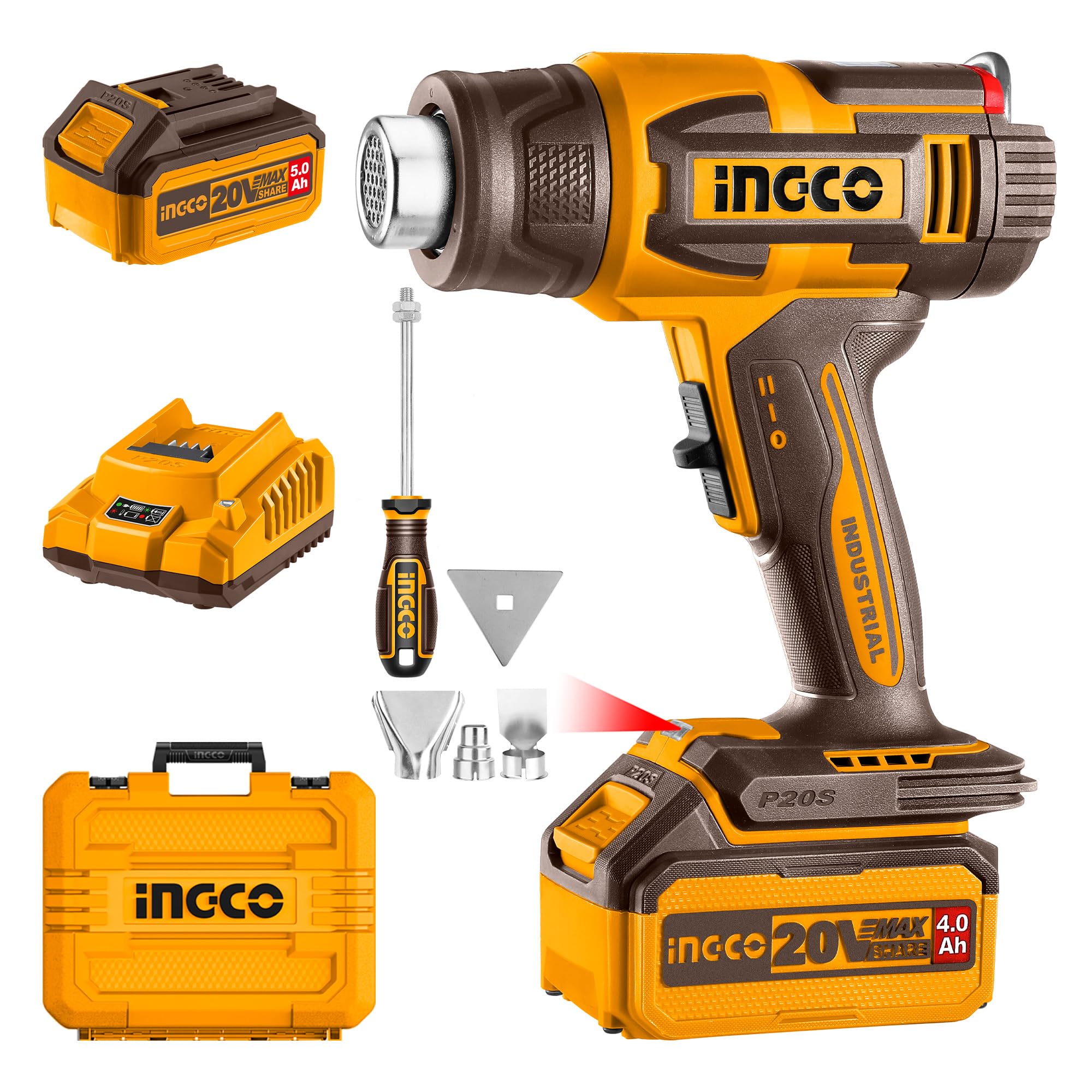 INGCO Pistolet à Air Chaud Sans Fil 20V, Contrôle de Température Variable, 30-550 °C, Affichage Numérique LCD, Decapeur Thermique Portable avec Batterie 5,0 Ah pour Travaux Manuels HGLI20035