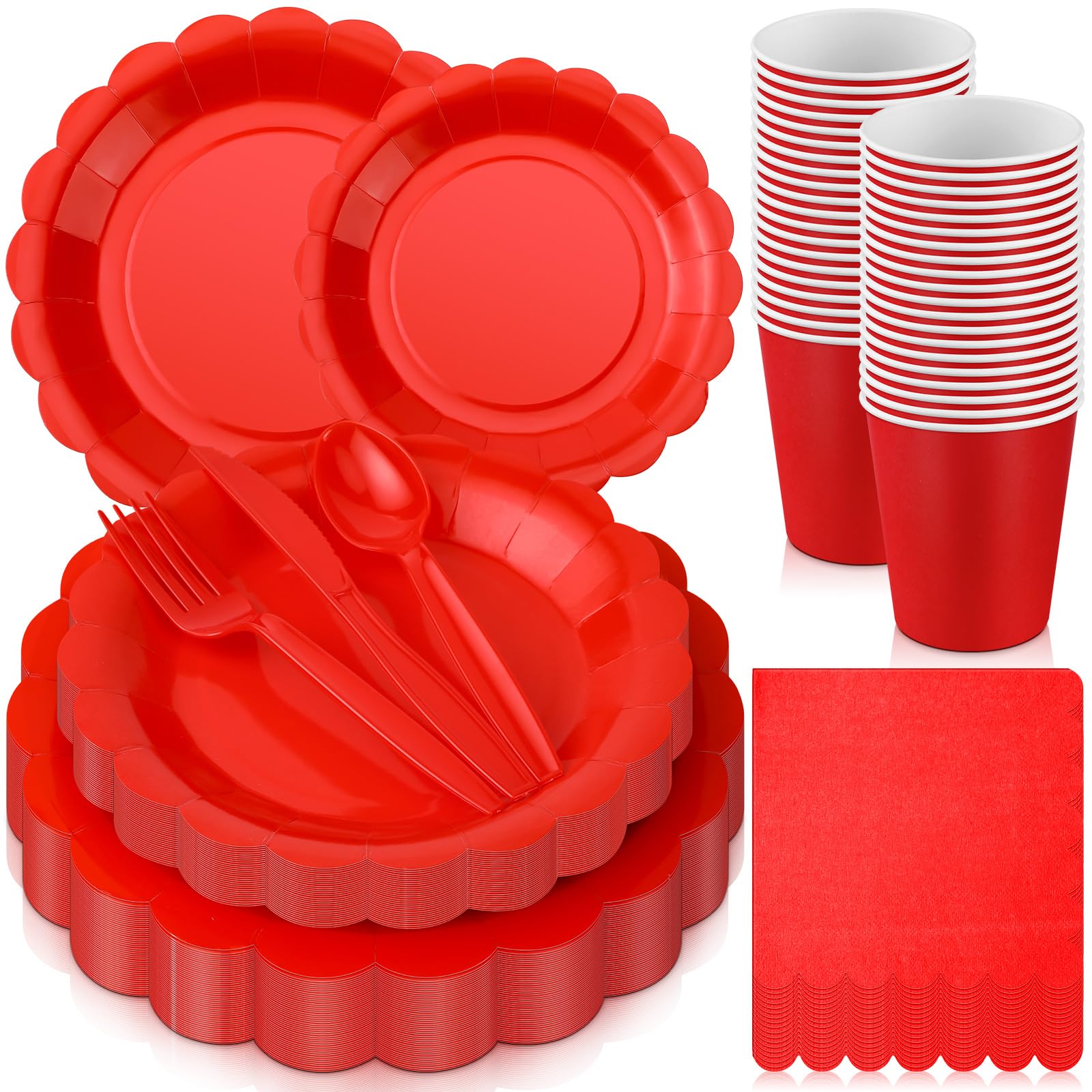 Yaomiao 336 Pcs Paper Plates Napkins Party Supply Disposable Dinnerware Set Scalloped Plates Cups Napkins with Plastic Forks Knives Spoons for 48 Guests Birthday Wedding Party(Red, Classic)