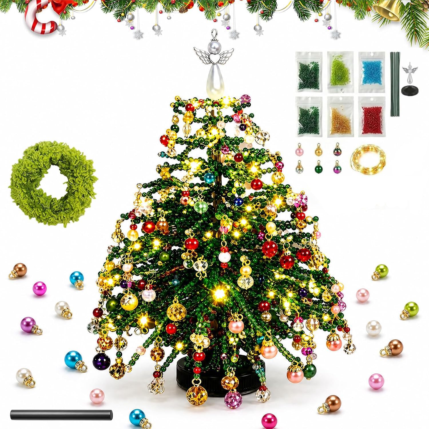 DIY Beaded Christmas Tree Kit with Lights,Handmade Mini Desk Xmas Bead Art