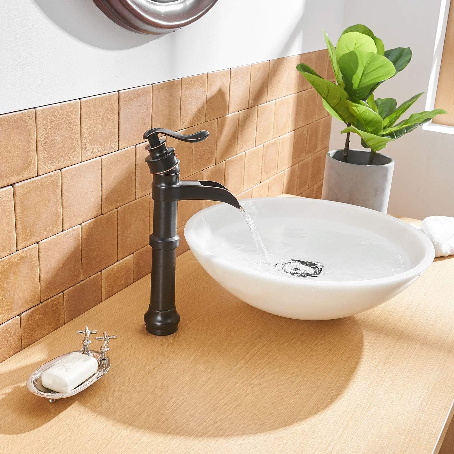 BWE Vessel Sink Faucet Single-Handle with Pop Up Drain Assembly and Supply Hose Lavatory Waterfall Bathroom Faucets Mixer Tap Deck Mounted Oil Rubbed Bronze