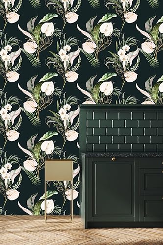 Miniatura 3 de Papel tapiz de hojas verdes tropicales, papel tapiz floral para despegar y pegar, papel de contacto negro, papel de contacto extraíble, bohemio,