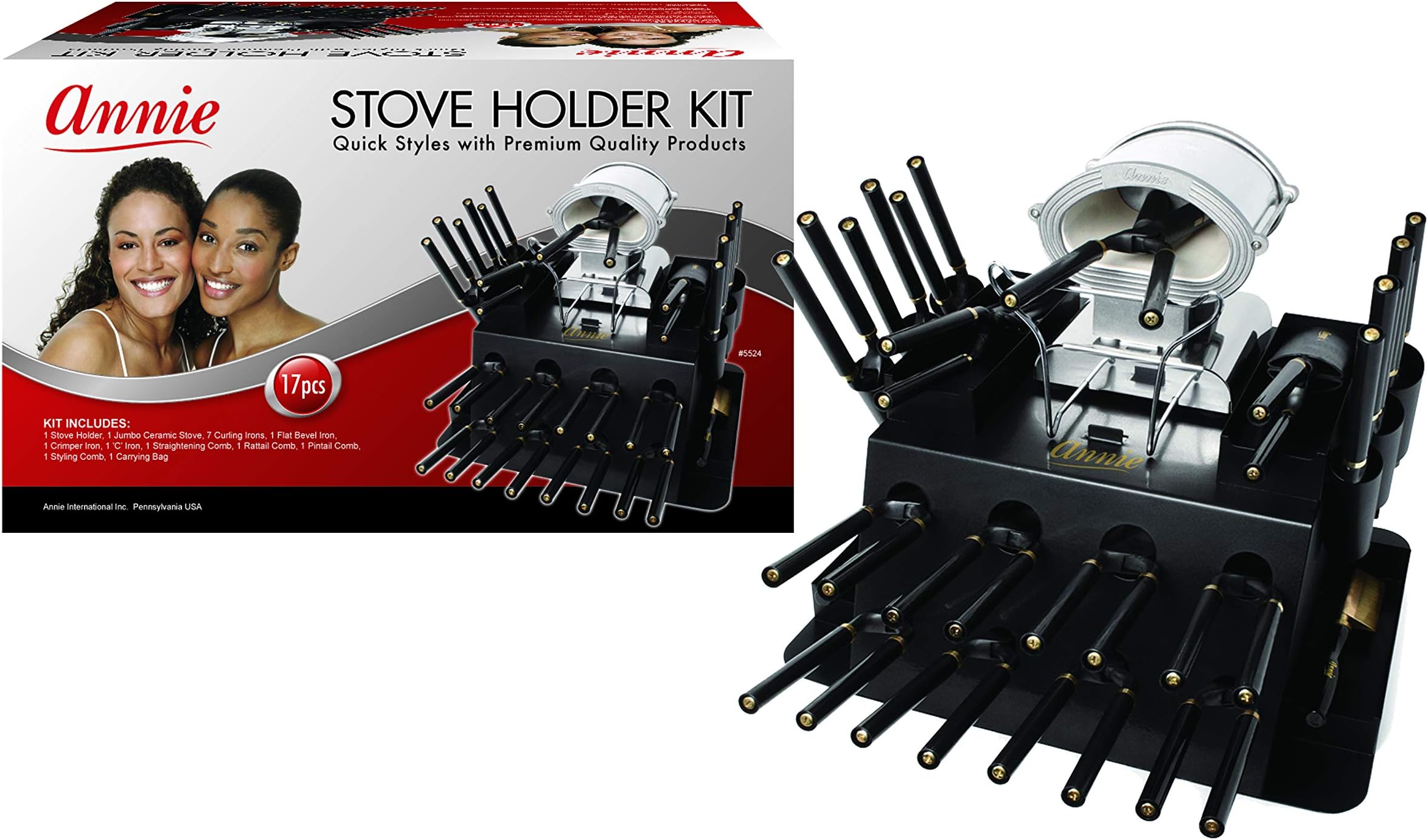 Annie Professional Thermal Curling Iron Holder Kit, 17-Piece Ceramic Stove Set, High-Heat Salon Curling Iron & Hot Tool Station, 825°F, Black (Jumbo)