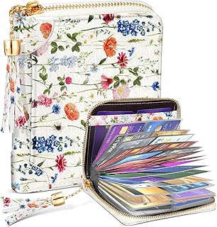 【40 Slots Credit Card Holder for Women Girls Cute RFID Blocking Card Organizer Leather Cardholder Protector for Lady Female Large Capacity Size Big Zipper Wallet Flower Kawaii Aesthetic Unique