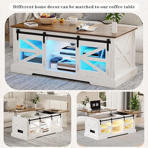 Miniatura 7 de Mesa de centro de granja, mesa de centro elevable con gabinete para pistola, 2 puertas corredizas de granero, gran almacenamiento y 3 luces LED de