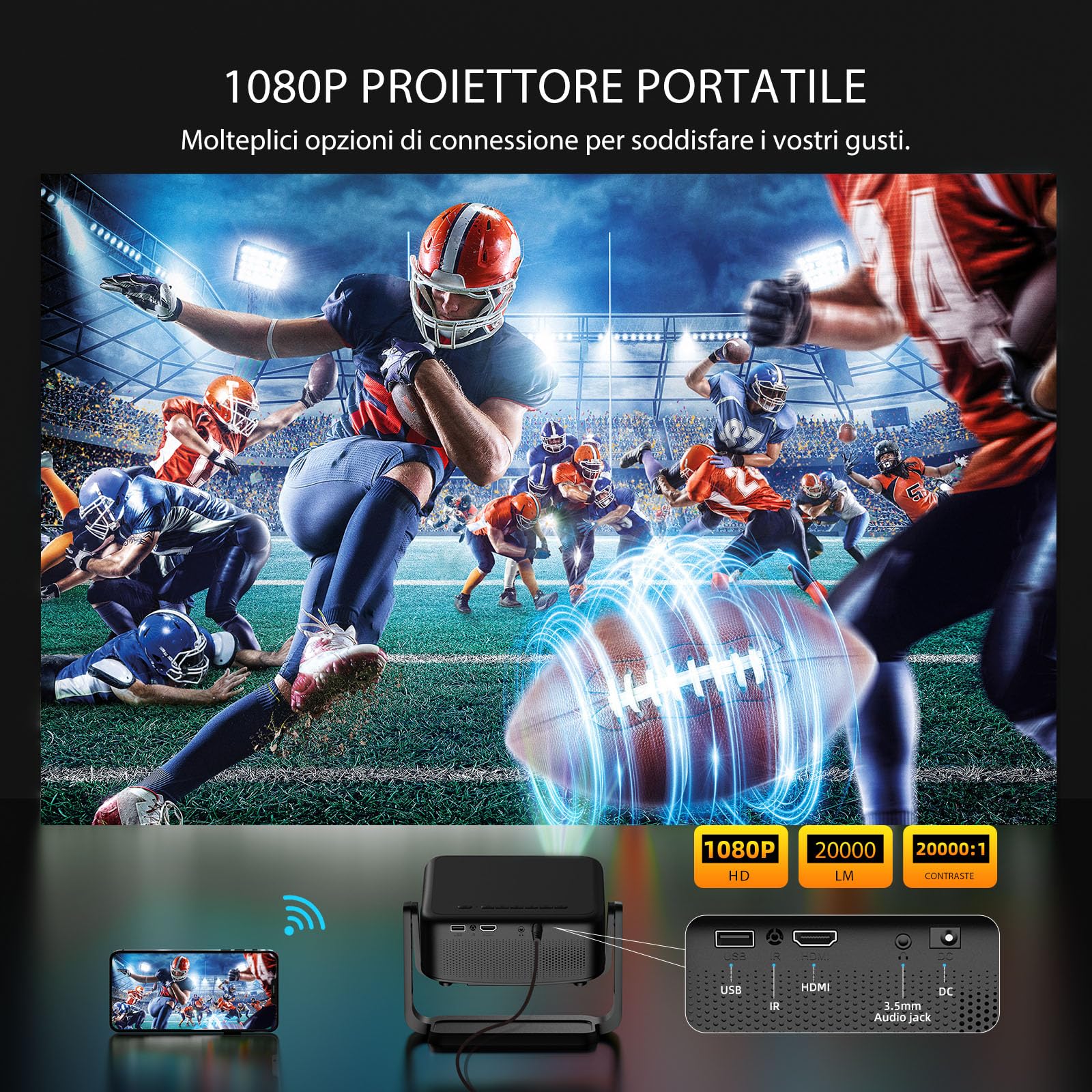 Proiettore portatile con rotazione a 360° Staccabile Auto Keystone 20000L 1080P HD 4K Supporto ONOAYO Mini Proiettore WiFi6 BT5.2, Zoom Fcous remoto Home Cinema per iOS/Android