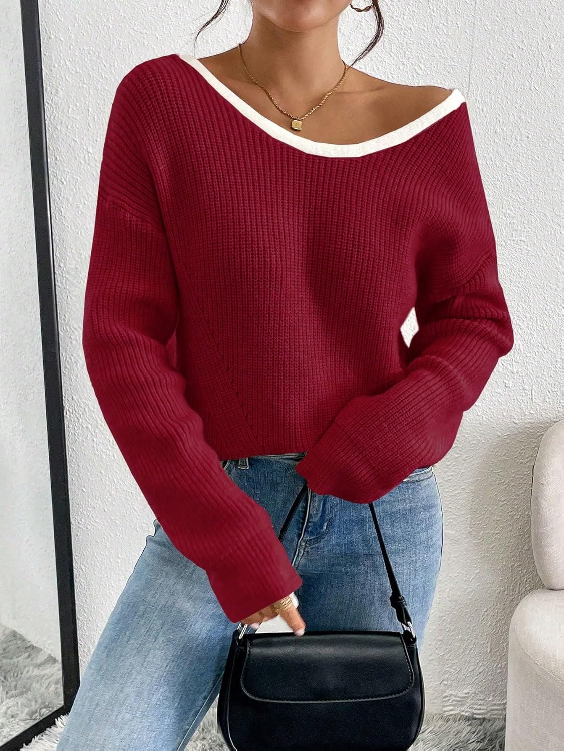 Women's Off The Shoulder Pullover Bow Ribbed Knit Sweater Cute Crew Neck Long Sleeve Trendy Cozy Sweaters - Image 4