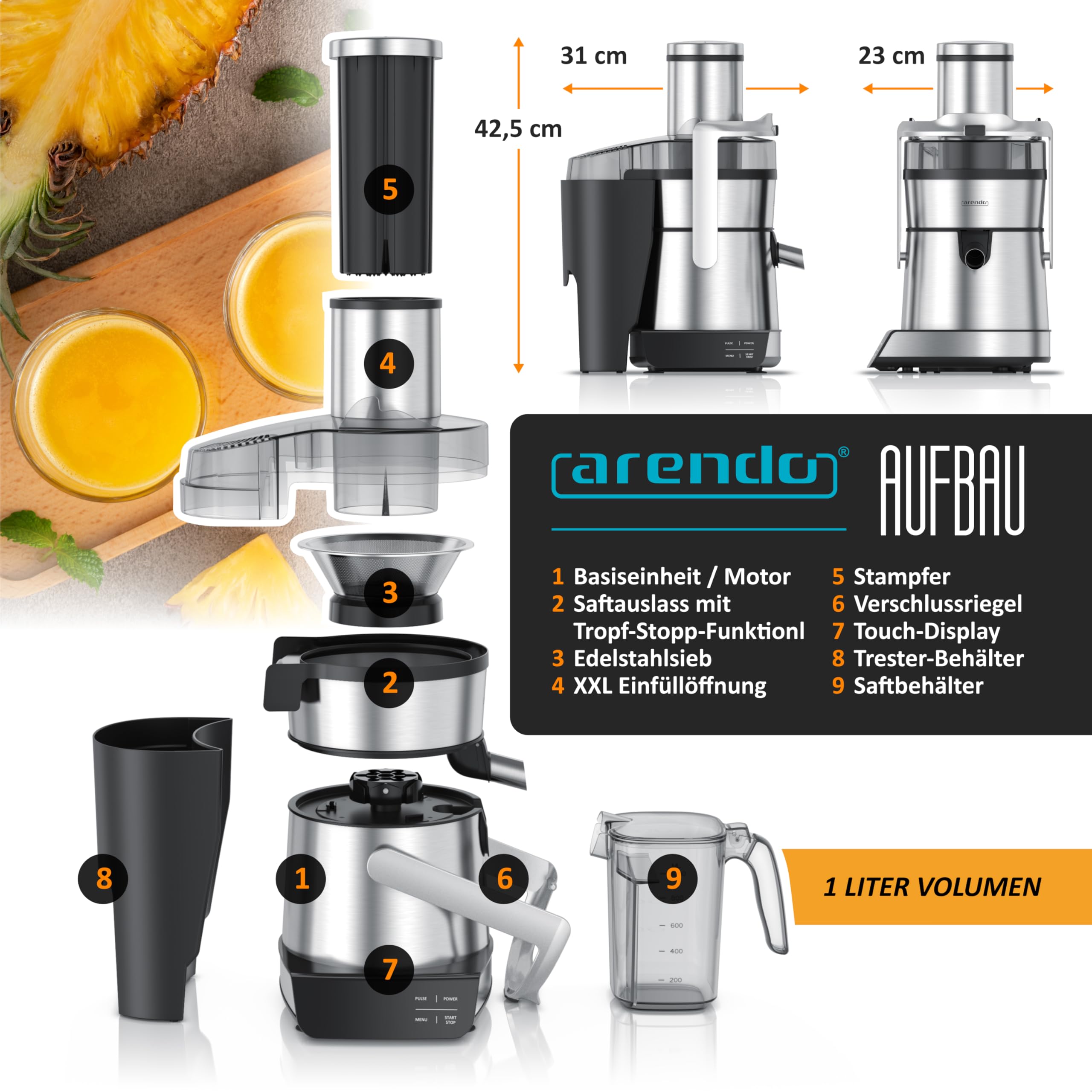 Arendo - Entsafter digital mit Display - 1 Liter – 1000 Watt – XXL Einfüllschacht – LED Display - Farbsymbole – Tropfschutz – Pulsfunktion - für Gemüse und Obst - Sicherheitsverriegelung - inkl. Saftb
