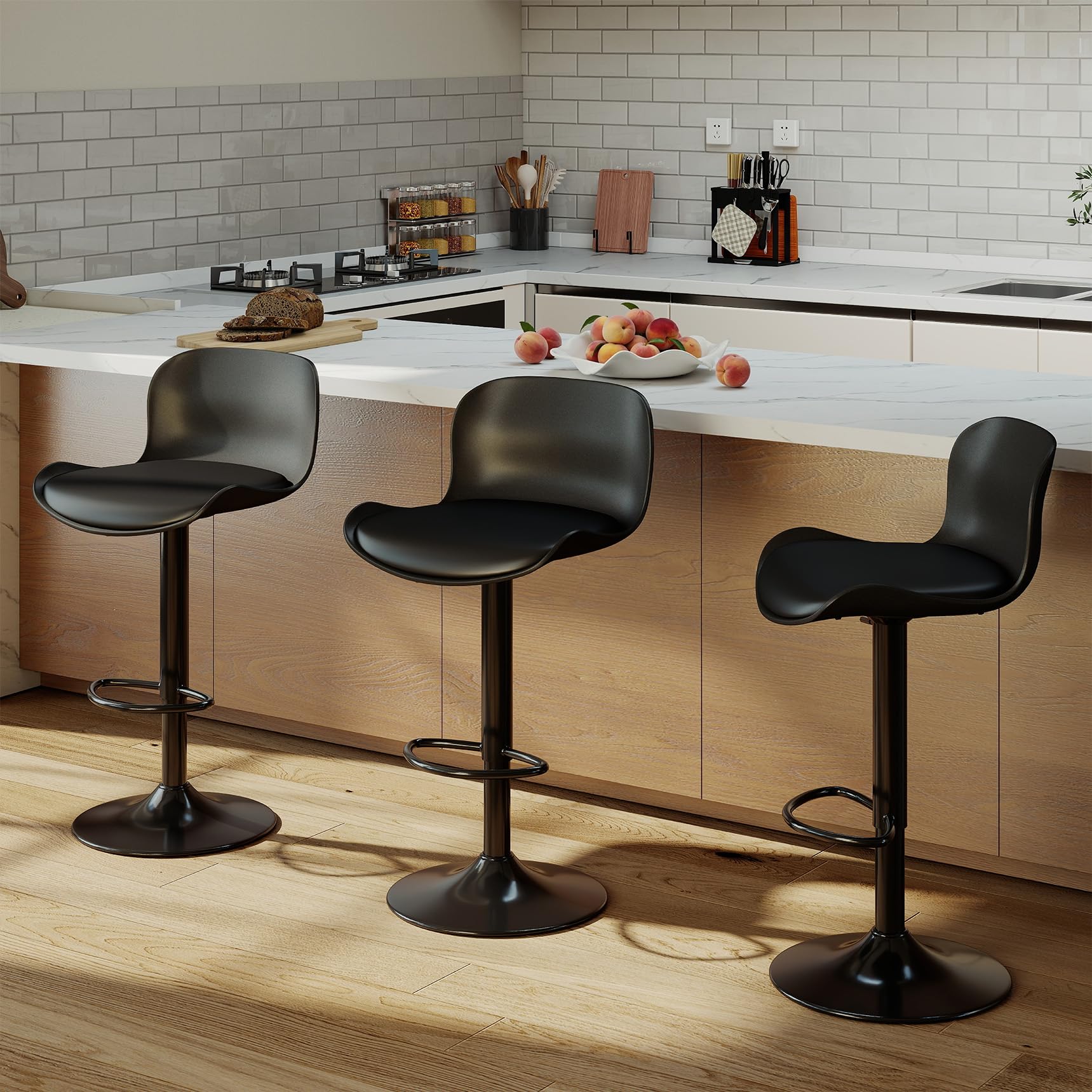 Flysky Bar stool Set of 3, 360° swivel chair, height-adjustable, Barstool with backrest and footrest, imitation leather 120kg kitchen stool, Barstools for Kitchen, Dining room, Bar, Black — image 1