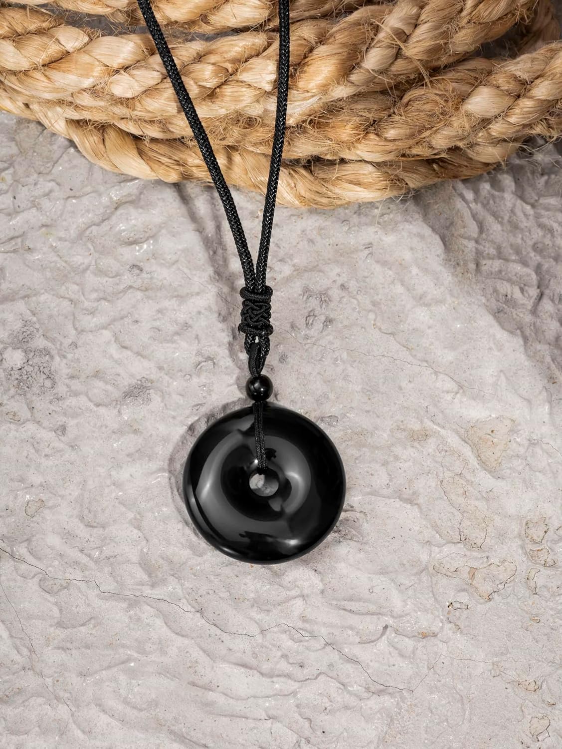 MINACHI Black Obsidian Geometric O Ring Circle Pendant Necklace with Braided Cord, Protective Amulet Jewelry Gift for Men and Women - Image 2