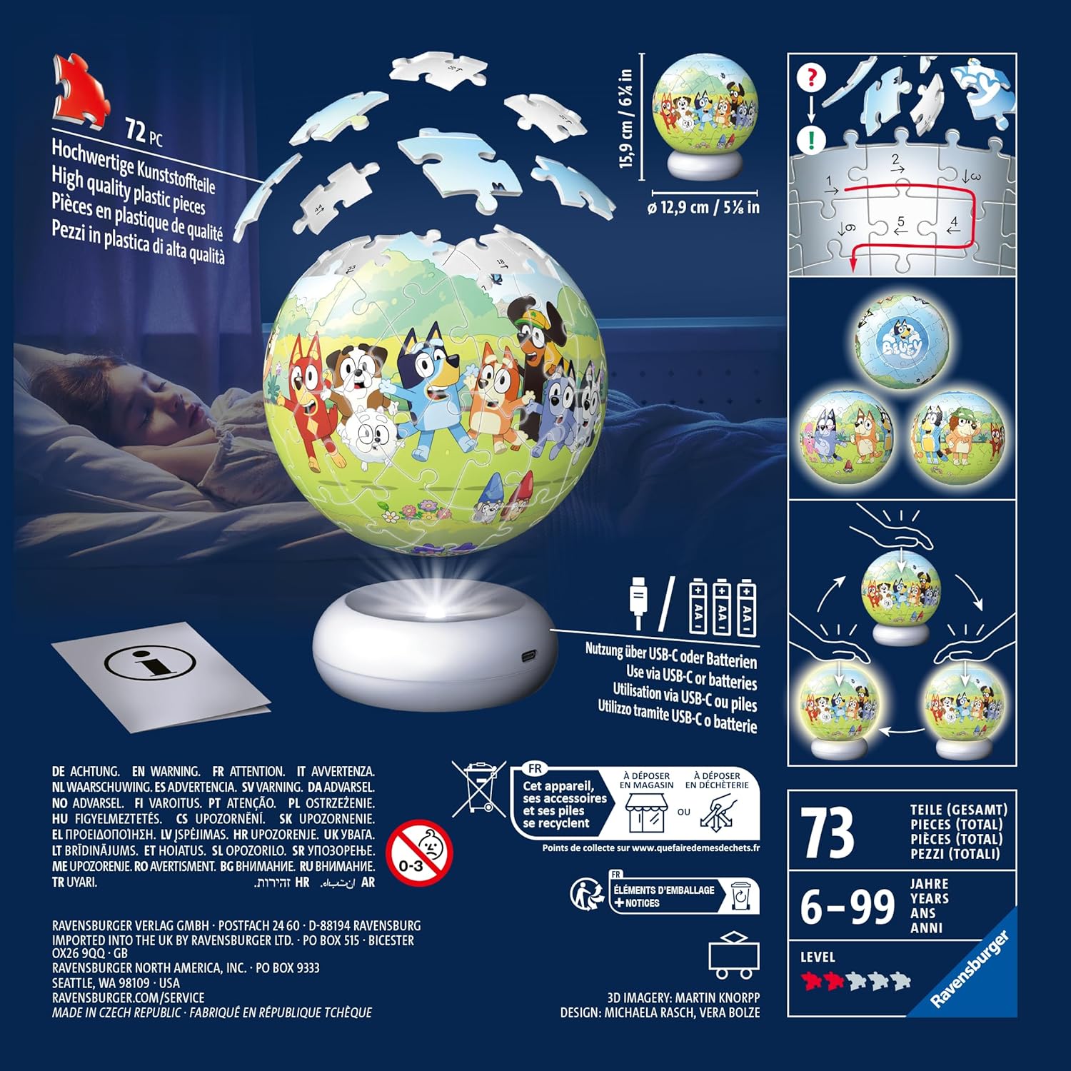 Ravensburger - Bluey Nightlight Puzzle Ball - 72 Piece 3D Jigsaw Puzzle - Fun Bluey Design with LED Light‑Up Base - Decorative Kids’ Room Accent - Premium Quality - Ideal Gift - Children Age 6+
