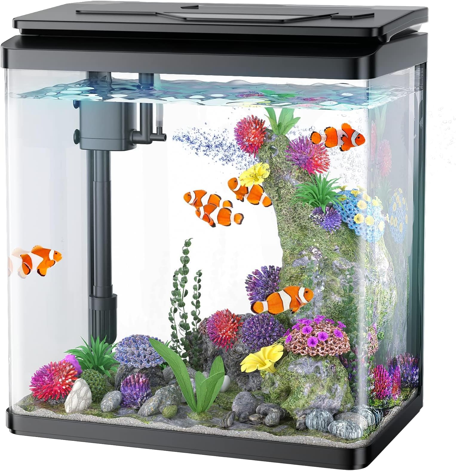 PONDON 8 Gallon Fish Tank, Glass Aquarium Tank with Thermometer, 7 LED Light Colors, Betta Fish Aquarium Starter Kit (Black)