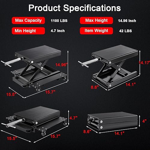 Miniatura 8 de Gato de motocicleta de 1200 libras, soporte de elevación de motocicleta para motocross, ATV, gato de tijera con manivela y barra disyuntora (rojo)