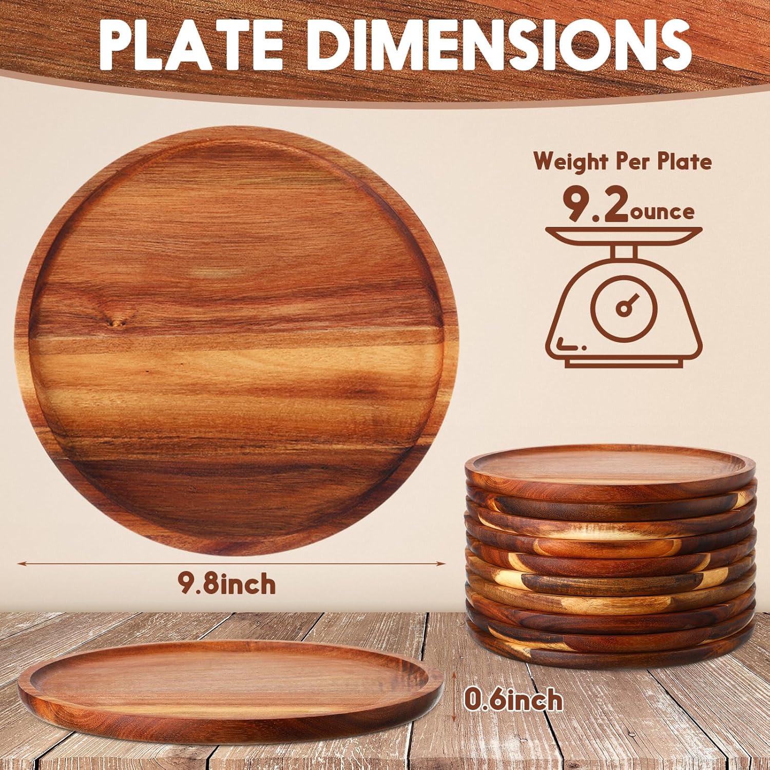 Rtteri 12 Pcs Acacia Wood Dinner Plates Round Wood Dishes Wooden Charger Serving Tray Easy Cleaning Lightweight Unbreakable Classic Plate for Snack Dessert Housewarming Gift(0.95 Inches)