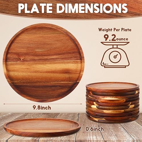 Miniatura 2 de Rtteri 12 platos llanos de madera de acacia, platos redondos de madera, bandeja para servir, fácil limpieza, ligero, irrompible, plato clásico para