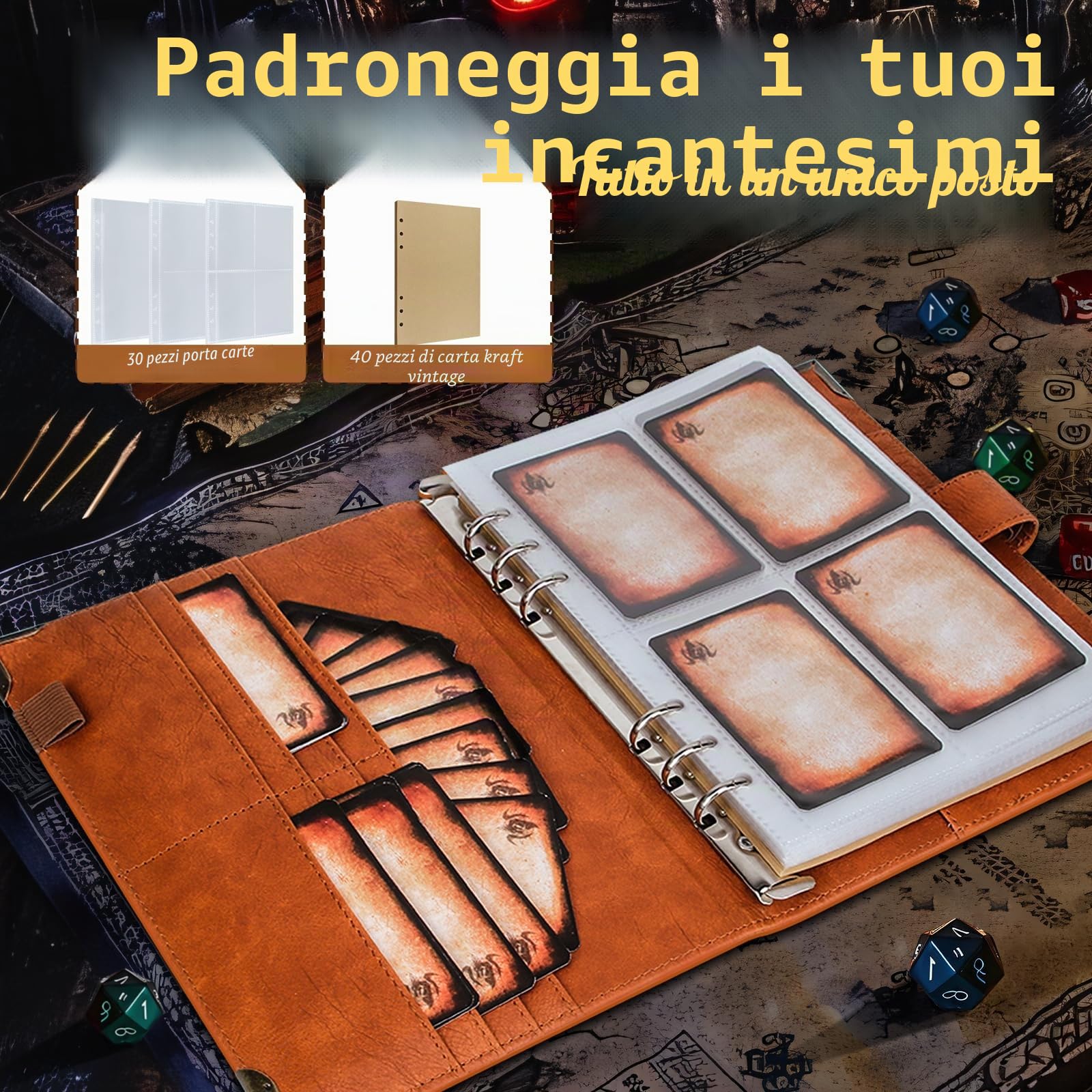 Byhoo Spellbook Porta carte DND RPG tascabile libro degli incantesimi e porta carte di riferimento, Tome of Recollection TTRPG, accessori da gioco per DND Beginner Master (60 carte giocatore