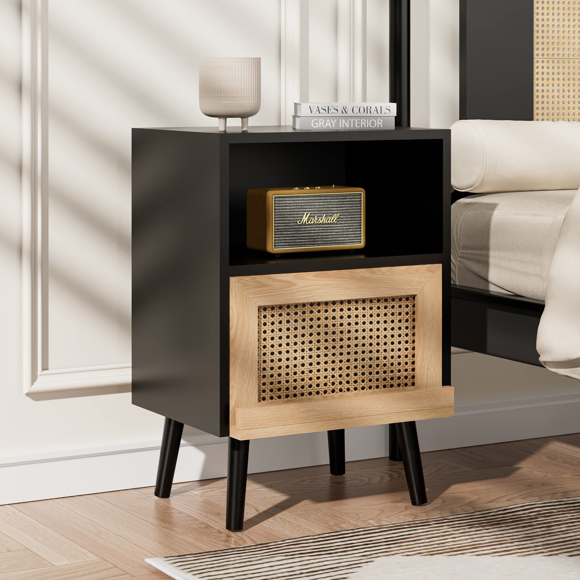 AnbuyRattan Nightstand, Wooden End Side Table, Bedside Table with Open Storage Shelve and Door, Night Stands for Bedroom Living Room 1-Pack