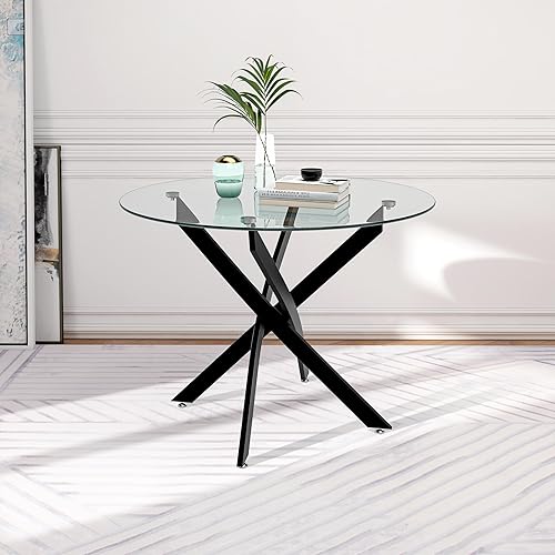 Mesa de comedor redonda de 31.5 pulgadas, moderna mesa de cocina de vidrio templado con patas tubulares de metal para oficina en casa (transparente disponible en Yaxa El Salvador