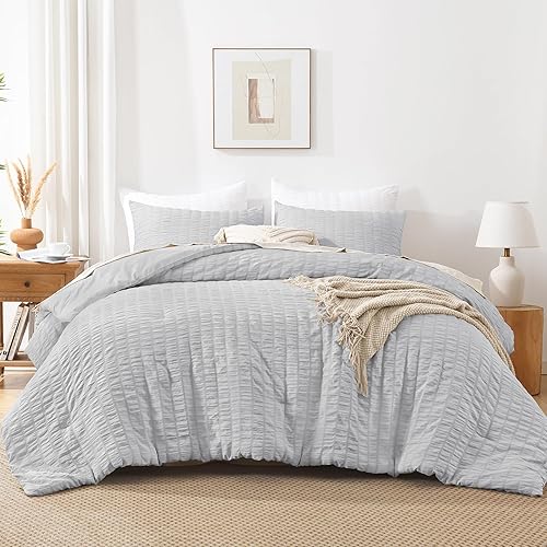 Miniatura 2 de AveLom - Juego de edredón de sirsaca, queen (90 x 90 pulgadas), 3 piezas - gris claro, 100% microfibra, lavado suave, alternativa al plumón, diseño