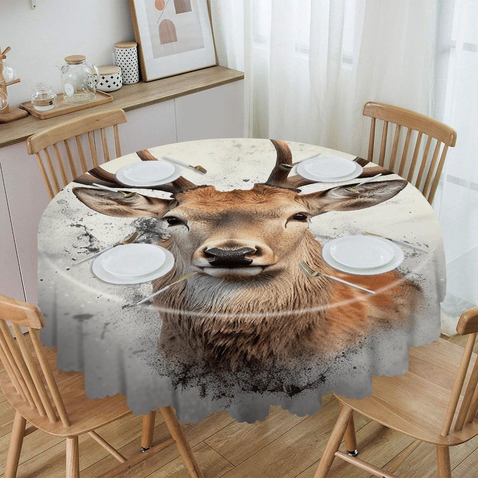 VstaDank Animal Deer Round Tablecloth 60 Inch Easy to Clean Circle Table Cover Thick Decorative Round Polyester Table Cloth for Dining Kitchen Party Farmhouse Outdoor