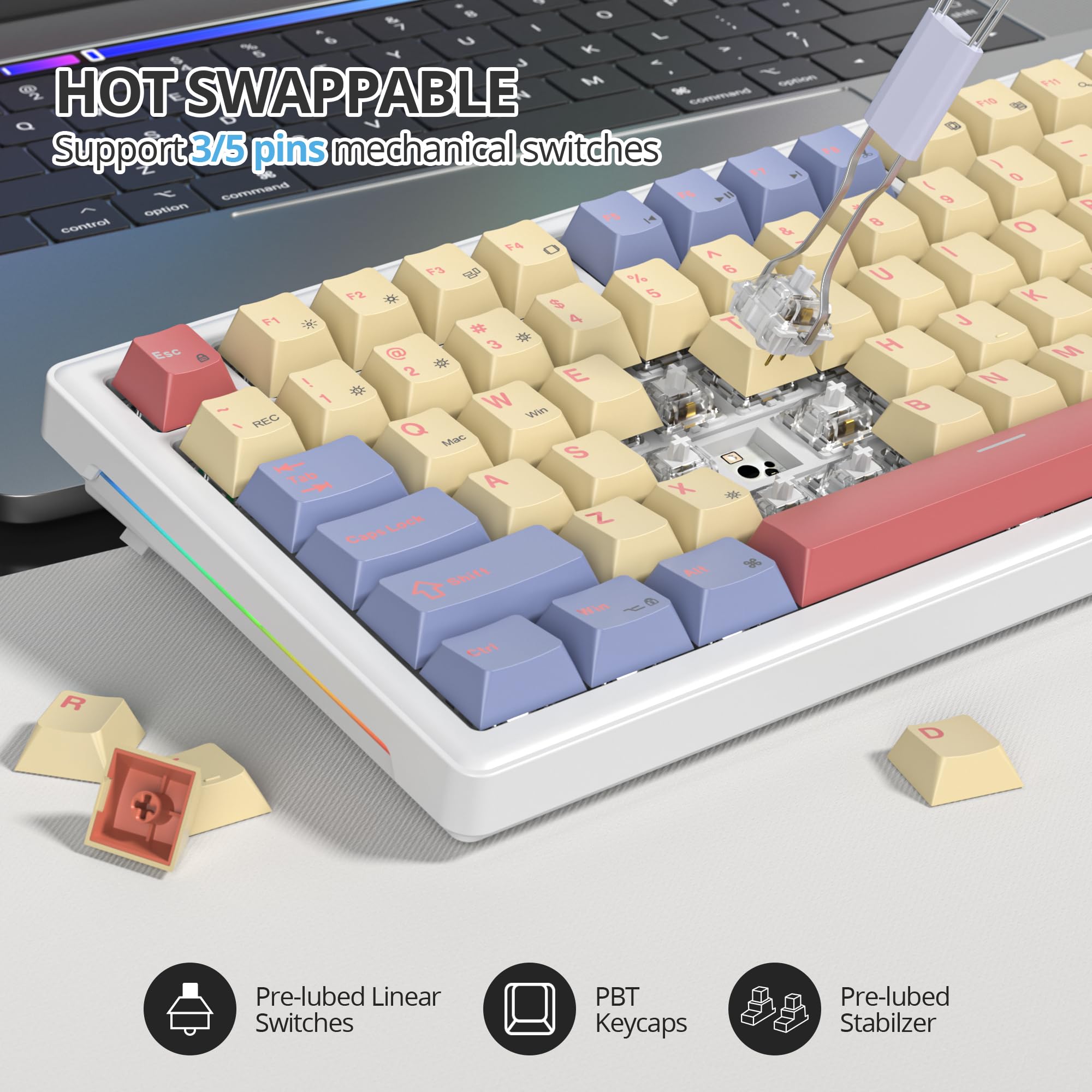 75% Teclado Mecánico con Cable,QWERTY Americana,TKL Teclado para Juegos with Espuma Poron,Hot-Swap,Retroiluminación RGB para Win/Mac