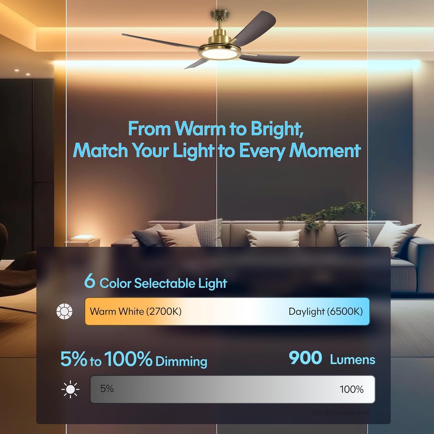 KASTLITE 56-Inch Smart Ceiling Fan with Light | 6-CCT LED, 6-Speed App/Remote Control & ABS Blades | Quiet | Indoor/Outdoor Fixture Powered by Eello | Champagne Bronze with Dark Walnut Blades, Sakai