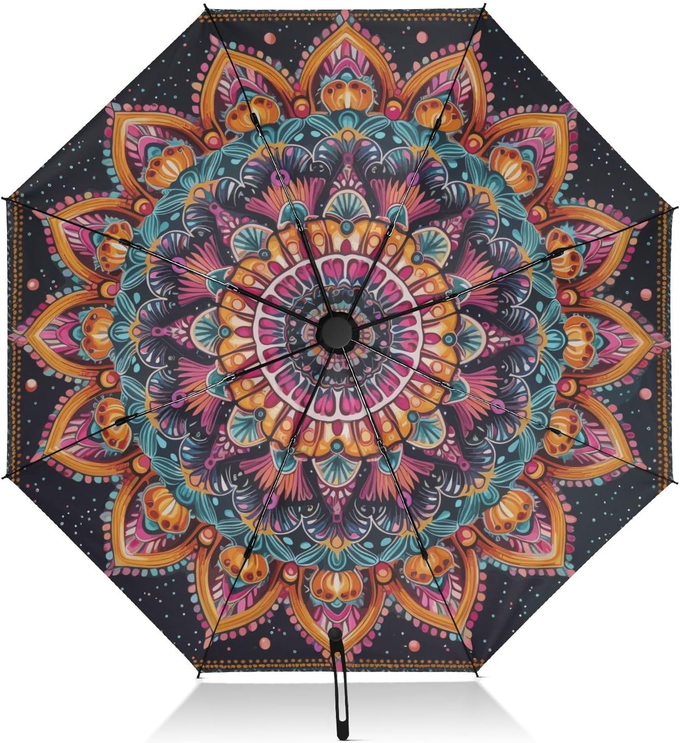 UV Protection Travel Umbrella Mandala Orange Purple Compact for Rain and Sun - One-Click Automatic Open and Close UPF 50+ Windproof Portable 46” Sun Umbrella for Women Men