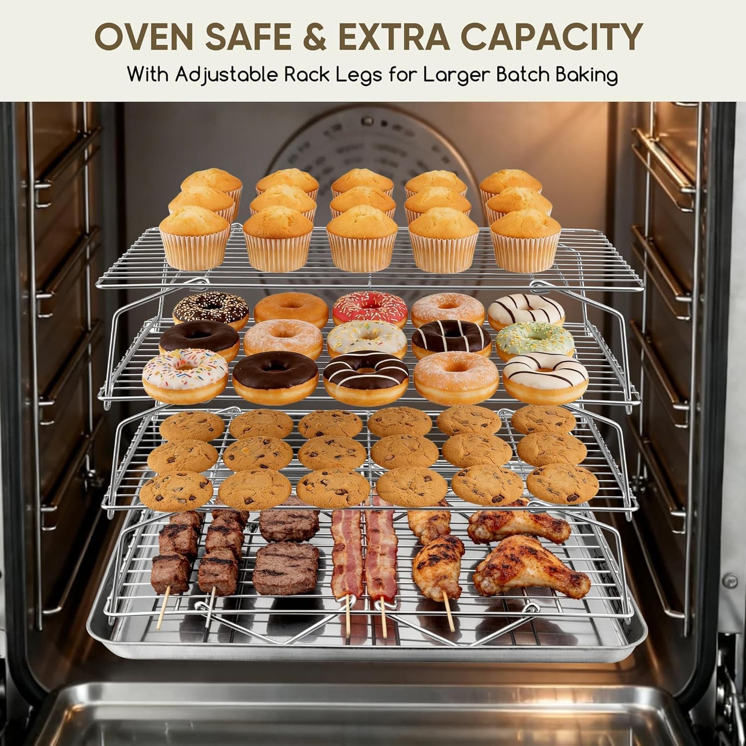 Herogo 5-Tier 15" x 10" Cooling Rack, Stainless Steel Baking Rack for Cookies, Cupcakes, and Pastries, Collapsible Space-Saving Design, Dishwasher Safe, Ideal for Baking, Roasting, and Drying