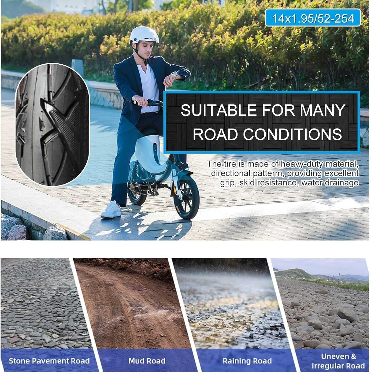 14x1.95 Opona Odporna na Przebicia dla E-Bike z Wewnętrznym Rurką, Grubą Warstwą Gumy, Wysoka Nośność, Kompatybilna z Większością Rowerów Elektrycznych