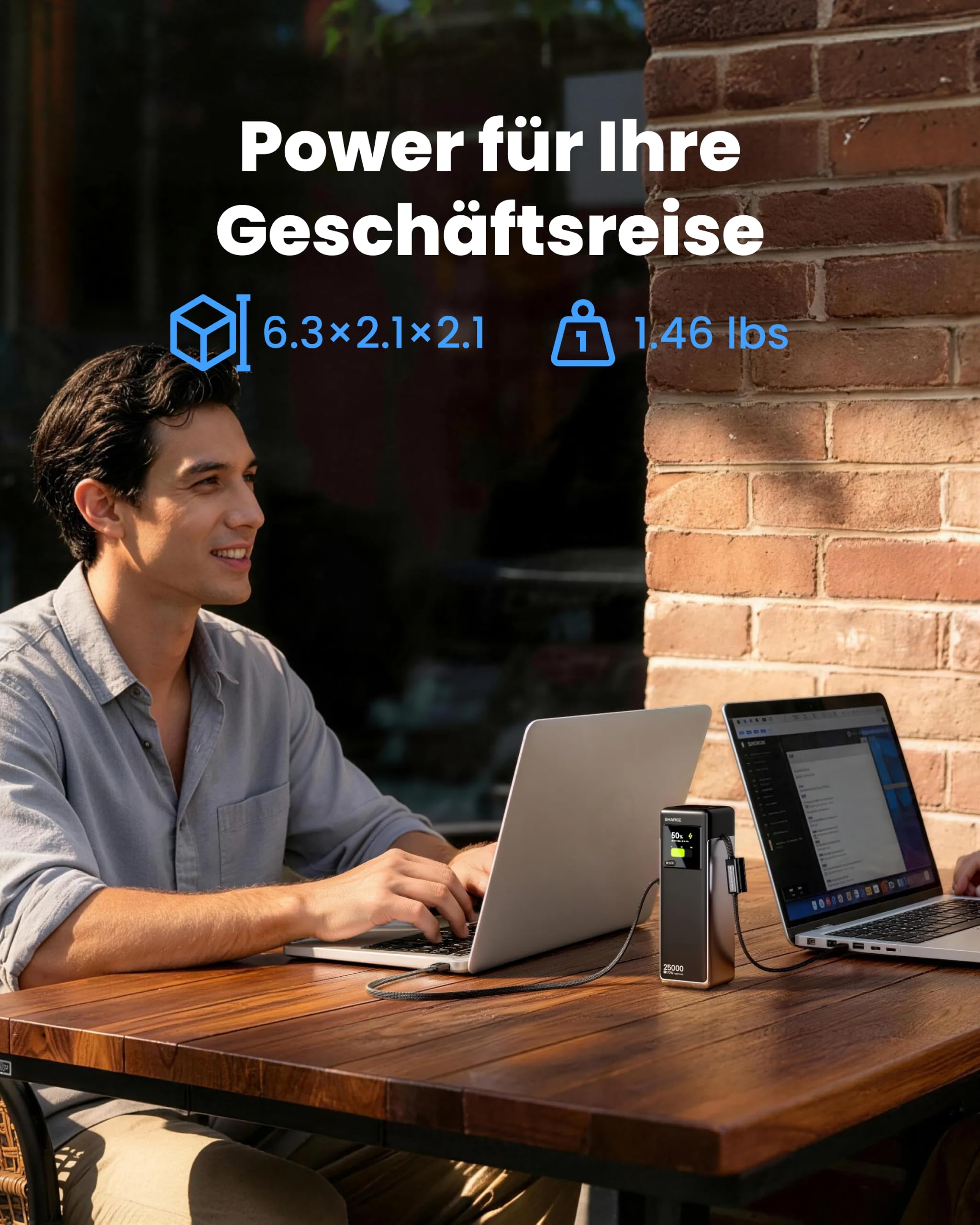SHARGE 170W Laptop Powerbank 25000mAh mit TFT Display und 4 Anschlüssen | HyperTower 170 mit 2 ausziehbaren USB-C-Kabel, 3x USB-C + 1x USB-A, Schnellladen tragbares für Reisen/Büro für MacBook Pro