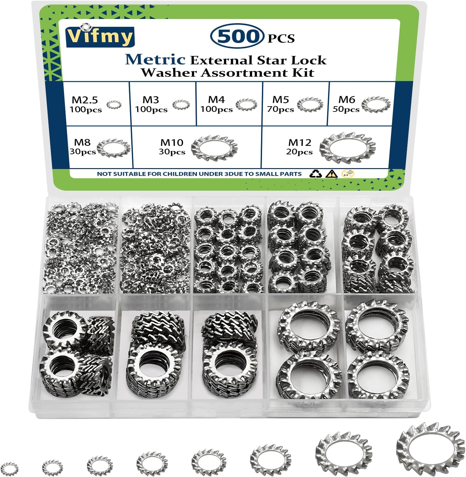 External Tooth Lock Washers Assortment Kit(500 Pack),M2.5 M3 M4 M5 M6 M8 M10 M12 Metric 304 Stainless Steel External Star Washer Sets