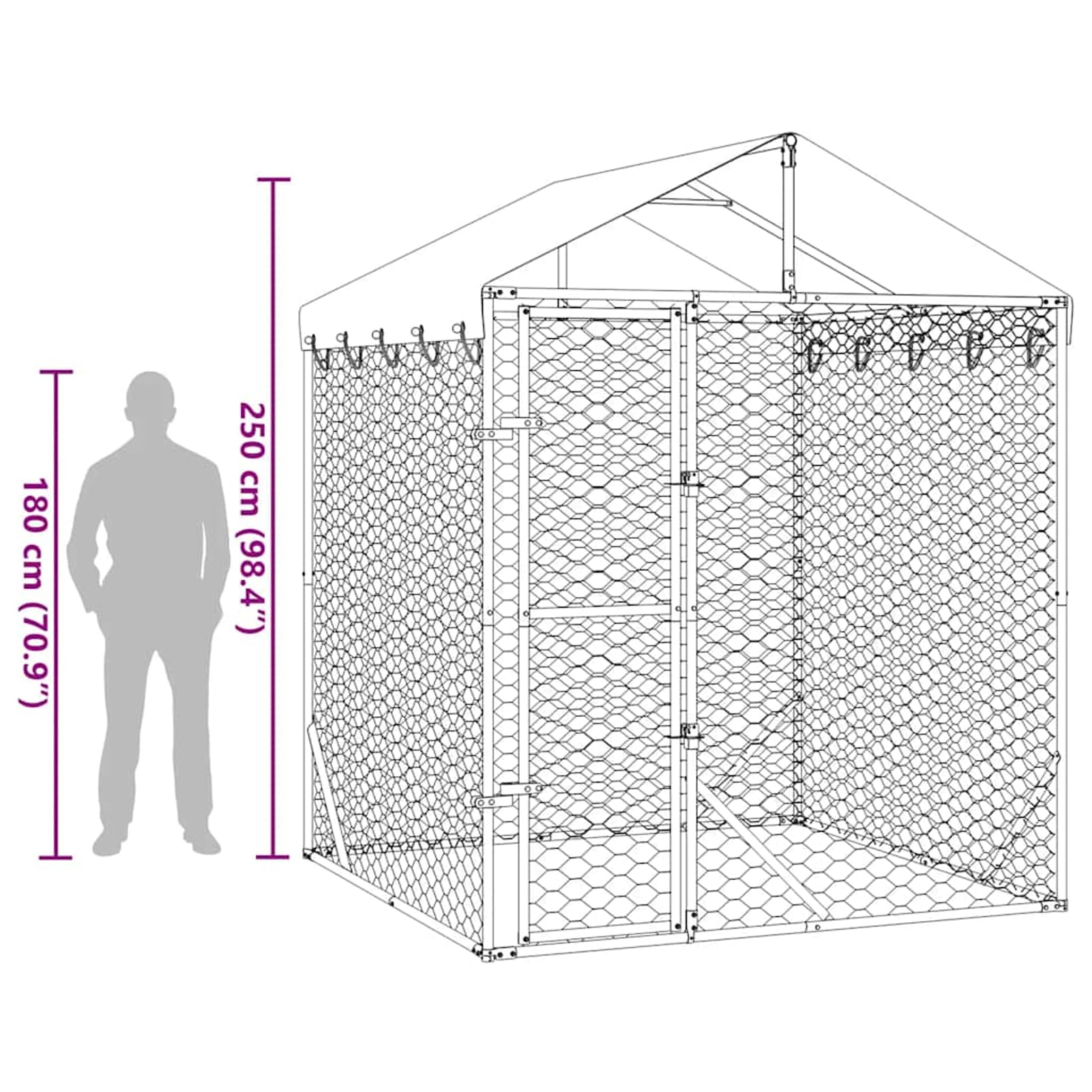 Gecheer Outdoor-Hundezwinger mit Dach Silber 2x2x2,5 m Verzinkter Stahl, Hundezwinger Freilaufgehege für große Hunde Garten Camping Outdoor153675