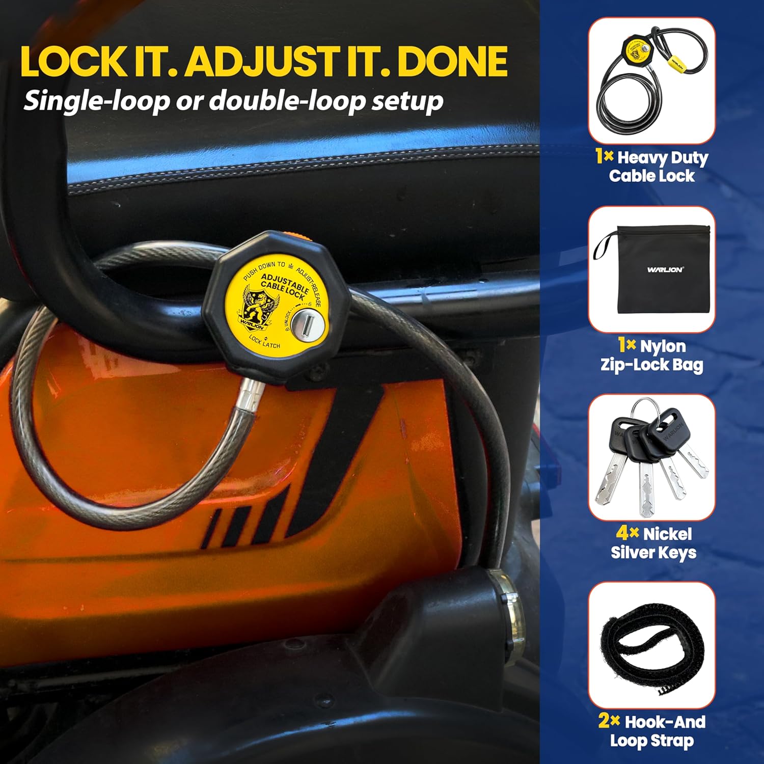 WARLION Heavy Duty Adjustable Cable Lock, 20ft x 3/8" Braided Steel Security Cable with Adjust-Release & Dual Cinch, Outdoor Anti-Theft Lock for Patio Furniture, Lawn Equipment, Kayak, Ladder