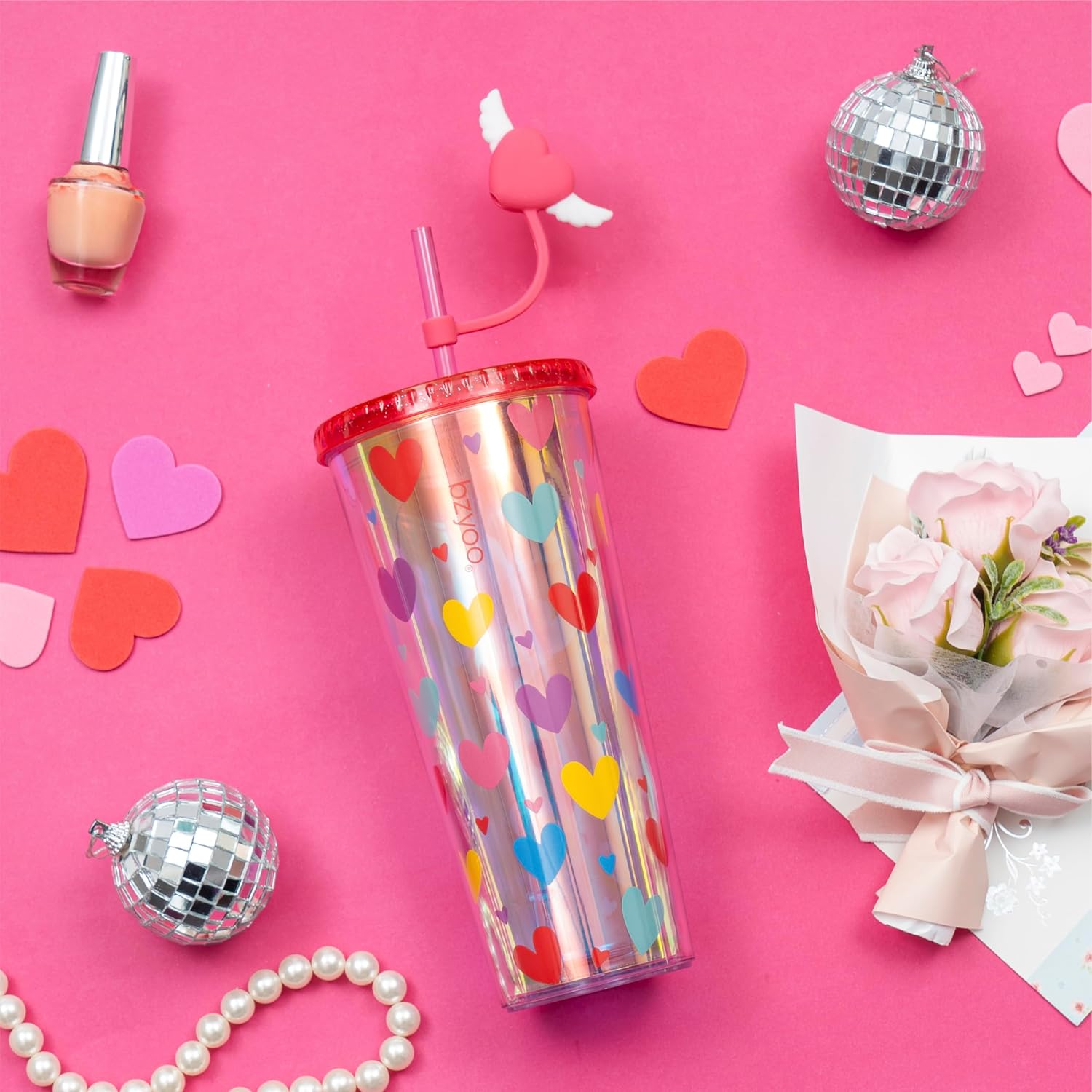 bzyoo 24 oz SIP Tumbler with Heart-Shaped w/Wing Straw Cap Cover – Cute Heart Design Iridescent Tumbler, BPA-Free Cup with Lid and Straw, Perfect for Iced Coffee, Tea, Party and Gift image 2