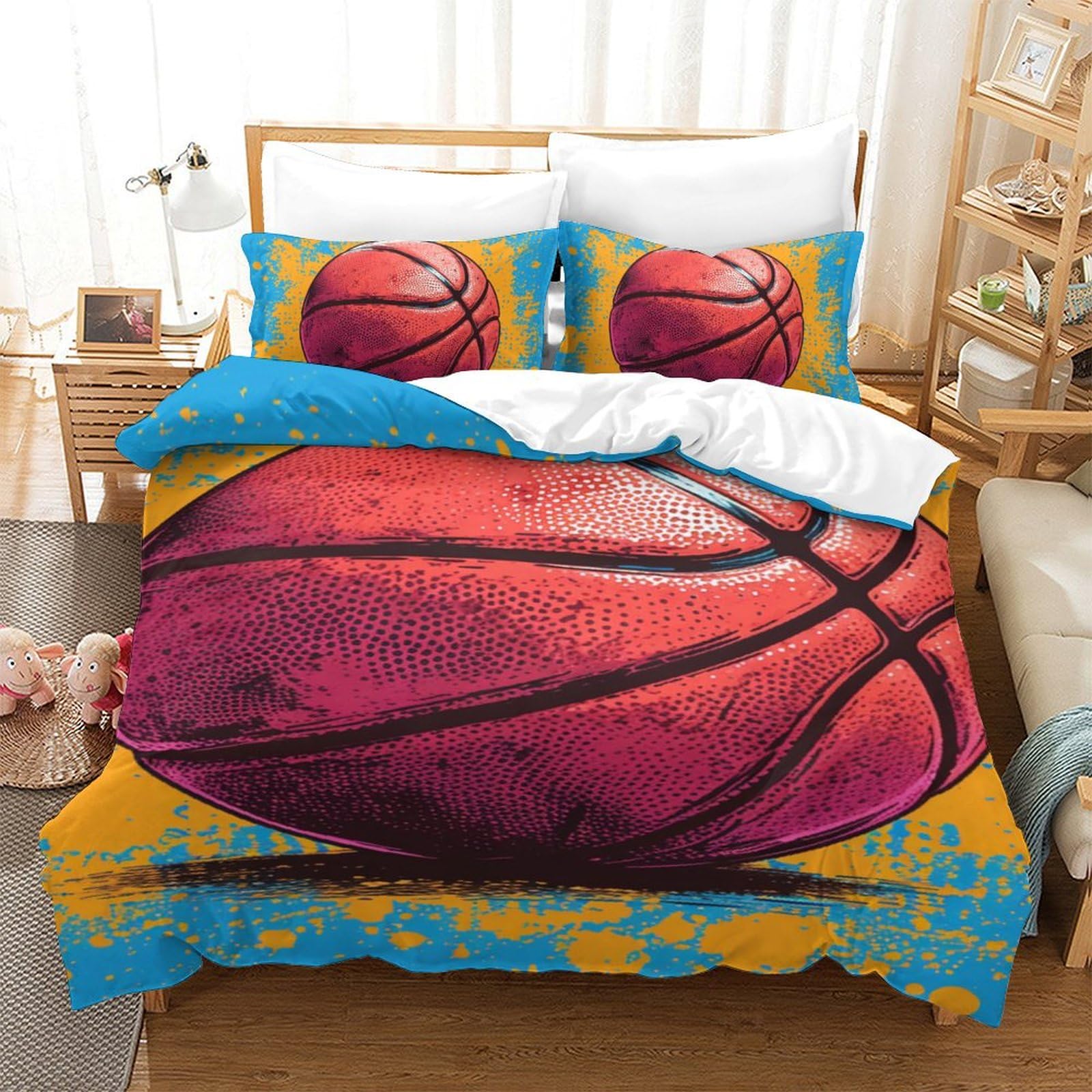 Parure de lit basket 3D 140x200 housse de couette microfire respirante 3 pièces taie oreiller single