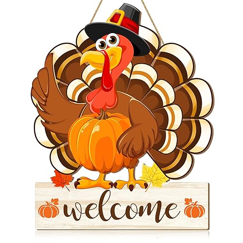 Thanksgiving Turkey Door Sign Decorations, Fall Welcome Wooden Hanging Sign,