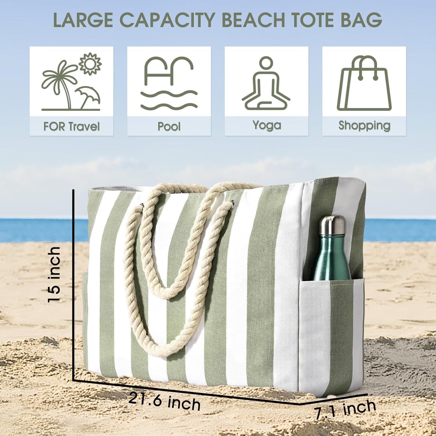 Borse da spiaggia da donna, borsa da piscina impermeabile a prova di sabbia, borsa da spiaggia grande borsa da spiaggia con cerniera a righe borsa da spiaggia tote verde