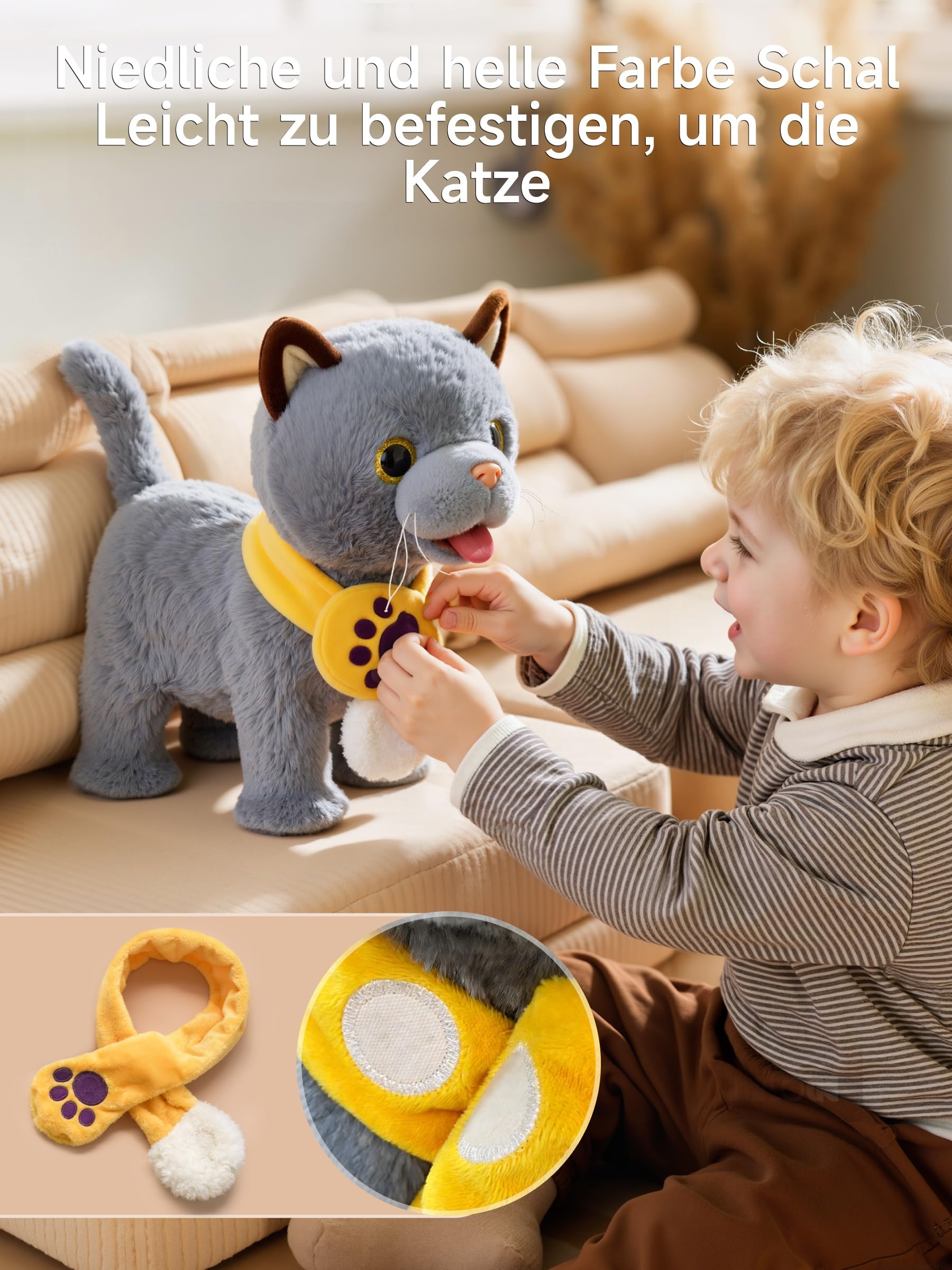 TUMAMA KIDS Interaktives Katze Spielzeug für Kinder Mit 6 Musik, Kuscheltier Kittens Mit Fernbedienung Leine Der Läuft Und Bellt, Plüschtier Elektronisches Kätzchen ab 2 - Gehen, Miaut, Schwanz Wedeln