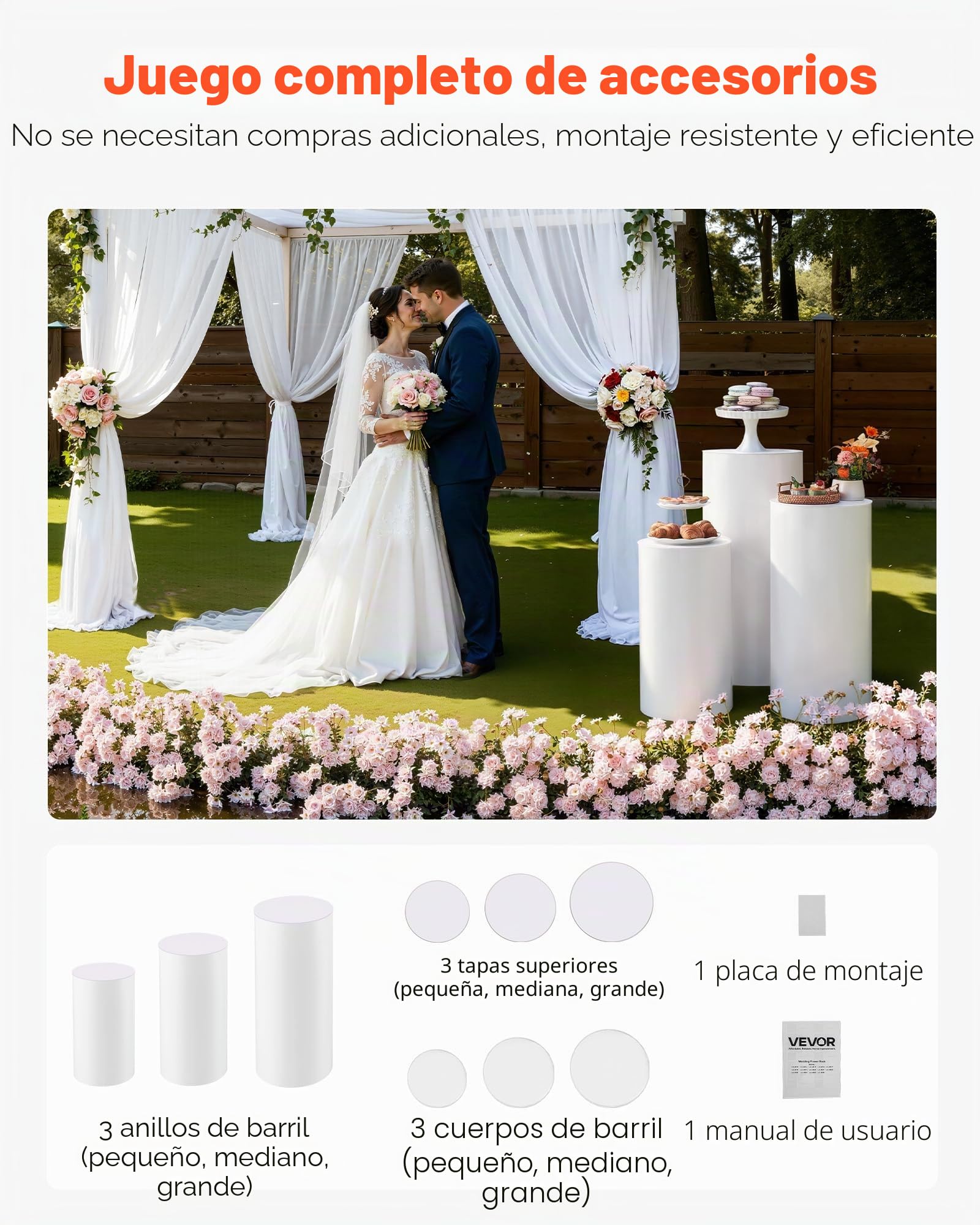 VEVOR Soporte Floral para Bodas, 3 Piezas, Pedestal Cilíndrico Redondo de 60/75/90 cm, con Tapa de PVC, Ideal para Bodas, Fiestas, Cumpleaños y Decoración Artística, Soporta hasta 15 kg