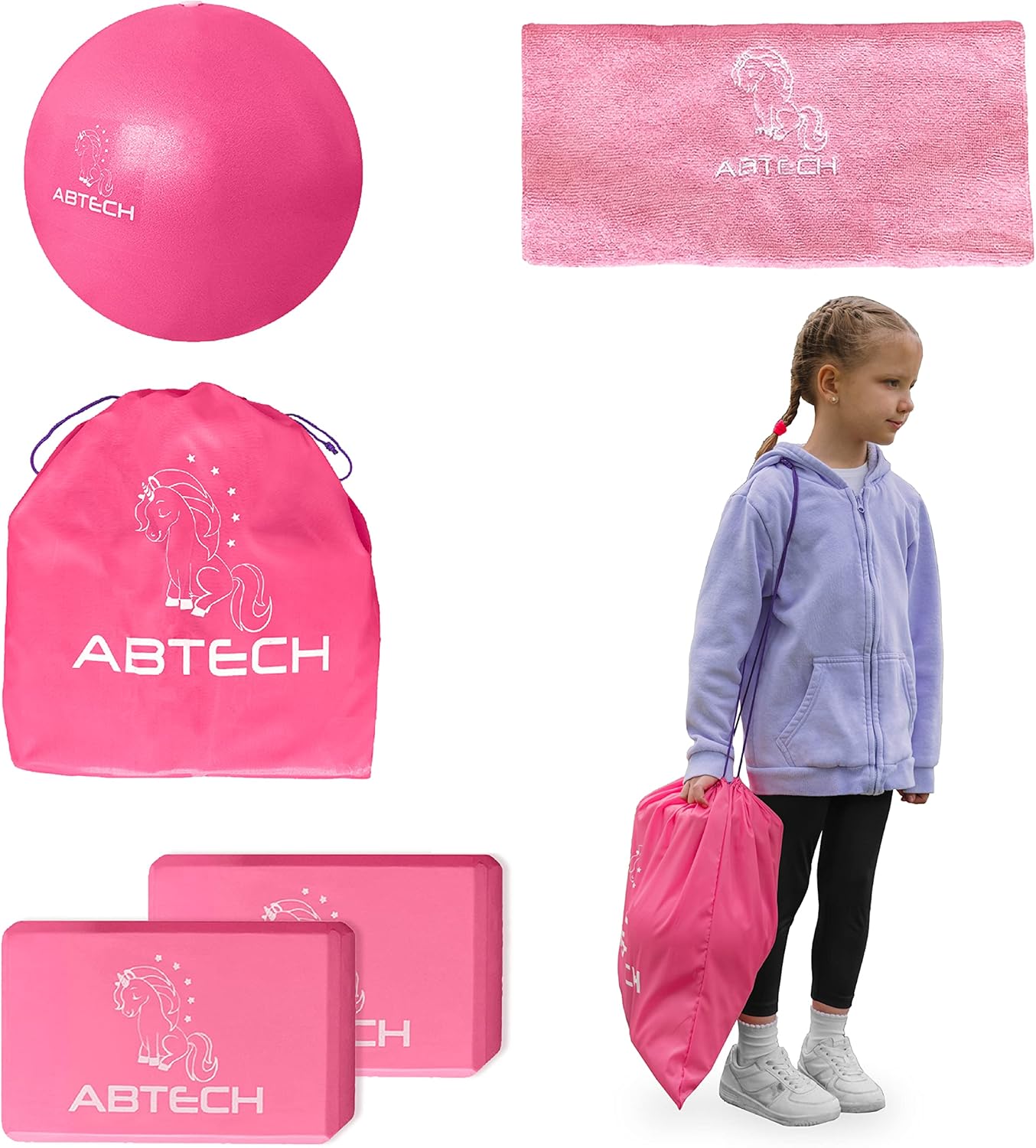 Yoga Starter Kit for Kids by ABTECH - 5 Pcs. Yoga Blocks, Non-Slip Yoga Towel, Yoga Ball w/ Pump & a Unicorn Design Drawstring Bag - Non-Toxic Chemical Free - Ages 3-12 - Pink Yoga Set for Girls : Sports & Outdoors