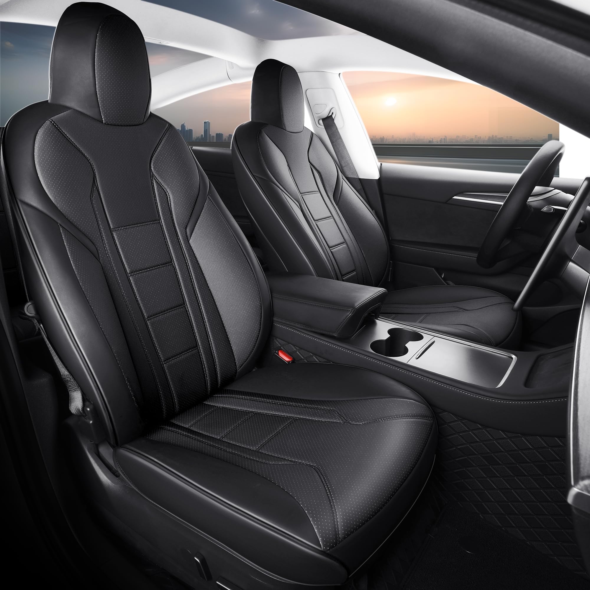Photo 1 of FREESOO Customized Seat Cover for Tesla Model 3 2017 2018 2019 2020 2021 2022 2023, Faux Leather Car Seat Cover Full Set Black