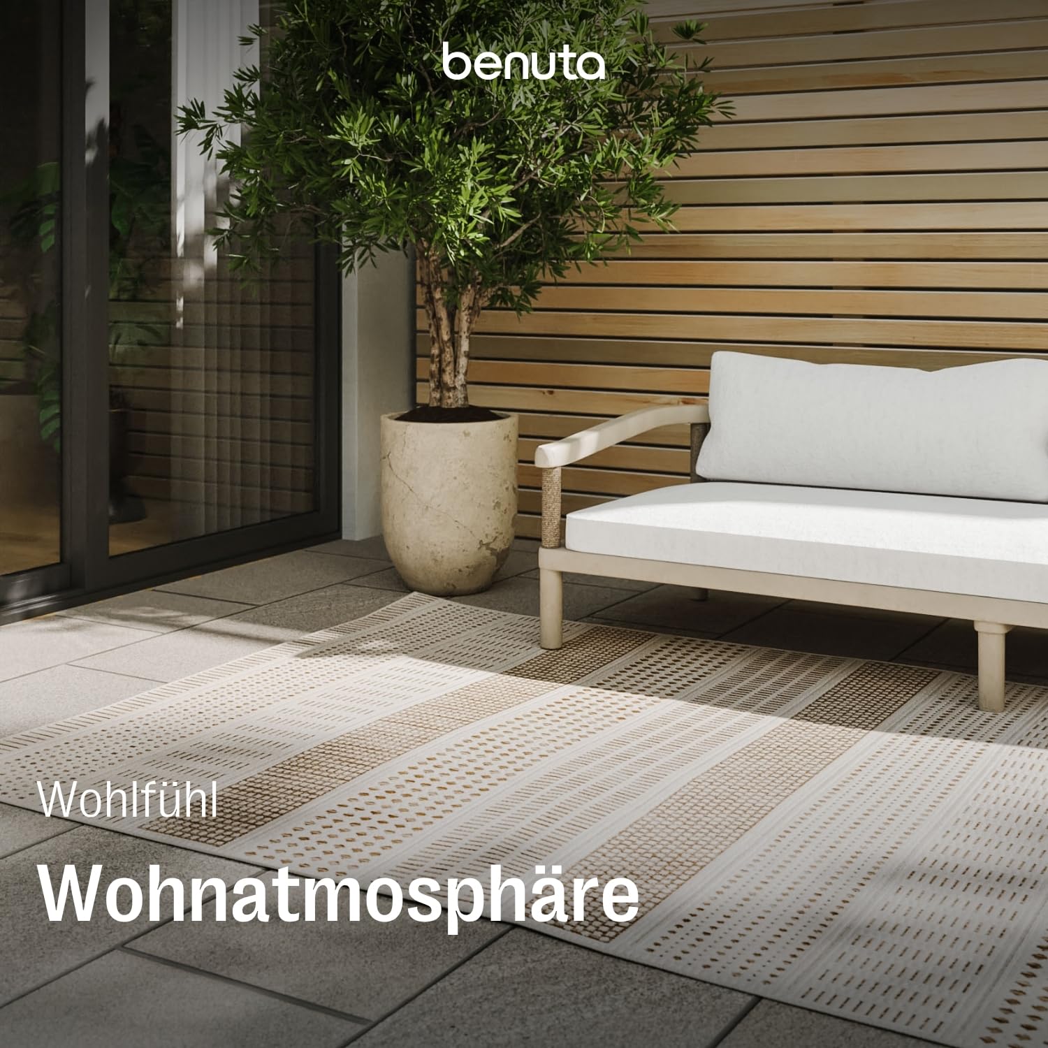 benuta Basic In- & Outdoor Teppich Kaleo - Beige 160x230 cm - Geometrische Muster - Wetterfest & UV-beständig für Balkon, Terrasse, Garten, Küchenteppich & Wohnzimmerteppich - Leicht zu Reinigen