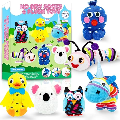 Kit de costura para niños, artes y manualidades para niños de 8 a 12 años, crea 6 lindos juguetes de peluche con calcetín, haz tu propio kit de