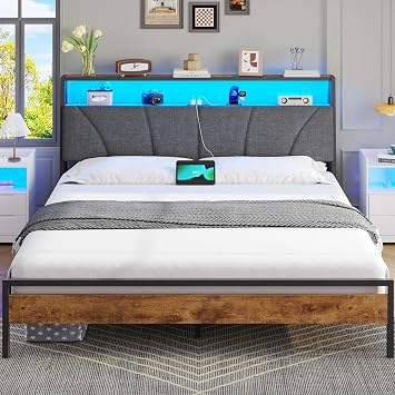 Brinlawb King Size Bed Frame with Charging Station 2 AC Sockets 1 USB A 1 Type C Port and LED Lights, 150x200 cm Stable Metal Bed Frame with Upholstered Headboard & 2-Tier Open Storage Shelves, Grey