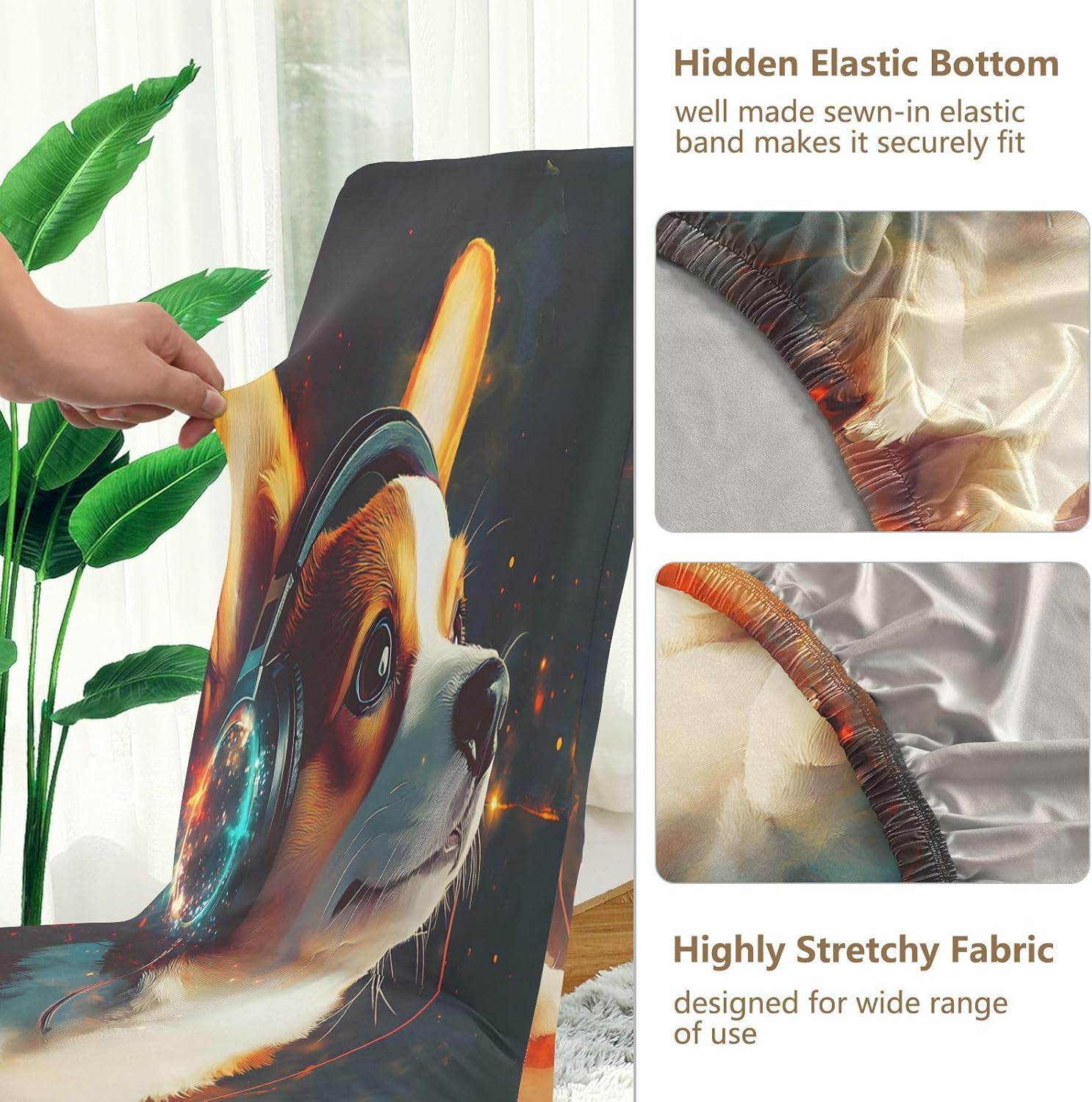 ALAZA Chair Covers for Dining Room, Corgi Wearing Headphones Stretch Chair Cover Sets Chair Protector Removable Washable for Ktichen Restaurant Hotel