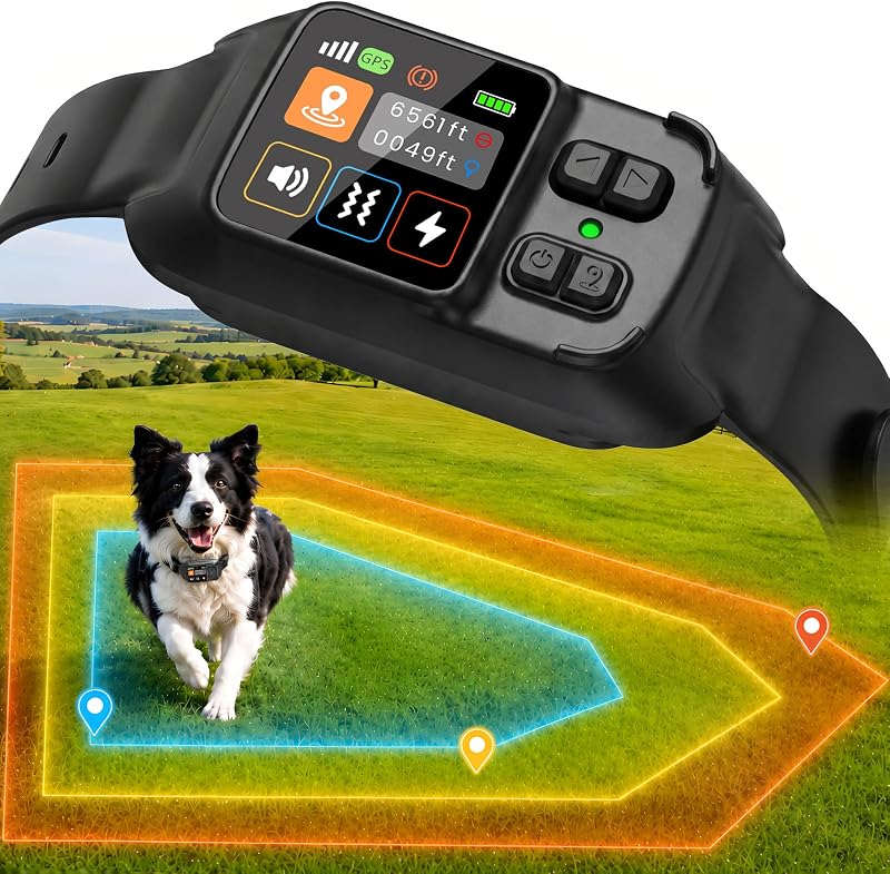 Sistema de cerca inalámbrica GPS para perros, cerca eléctrica invisible para perros medianos grandes, IP68 impermeable, límite circular/irregular 49-6561 pies, collar perimetral sin suscripción, exterior (negro)