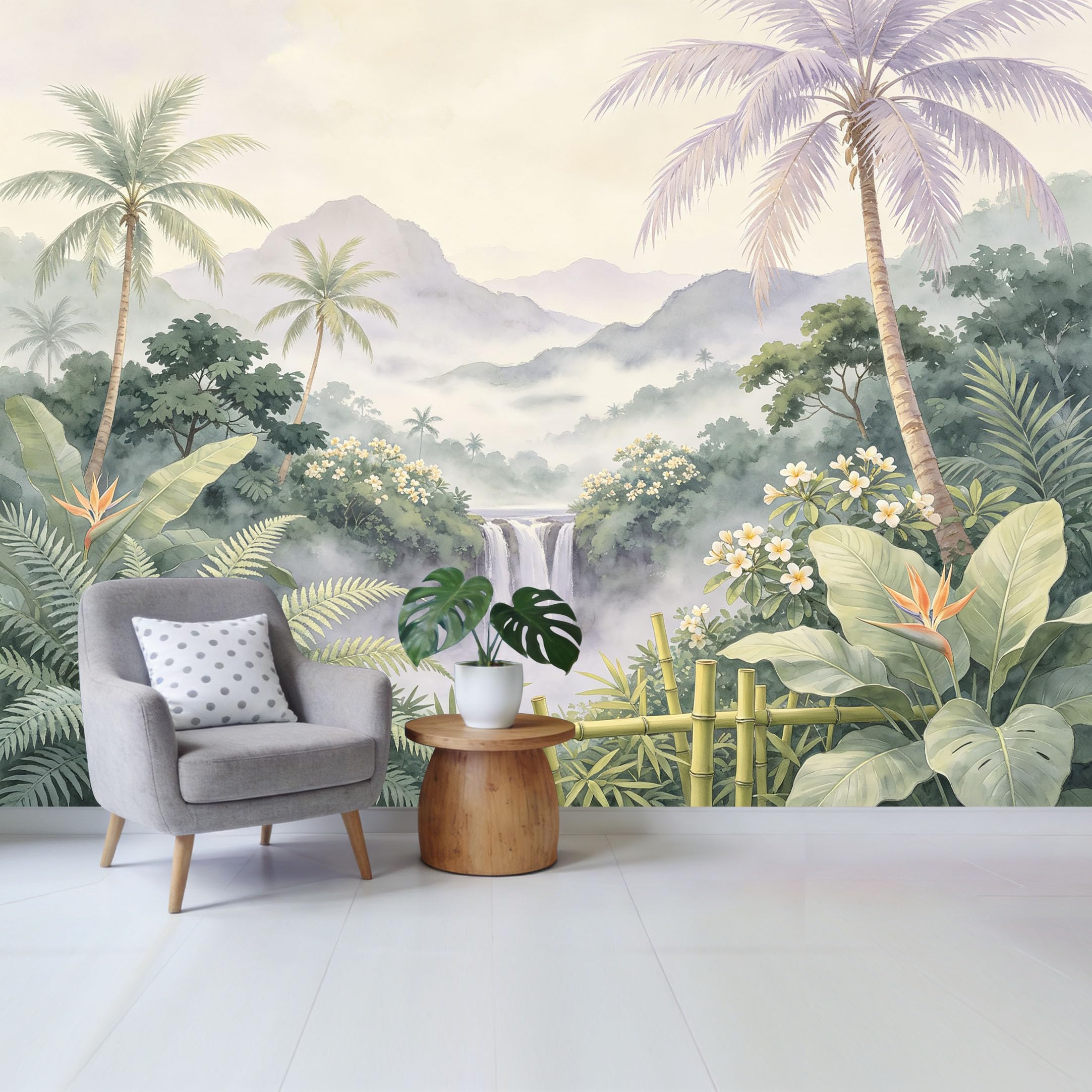 Custom Size Wall Mural Watercolor Tropical Rainforest Waterfall Botanical Landscape Removable Self Adhesive Fabric Home Wall Decor for Living Room Bedroom Bathroom