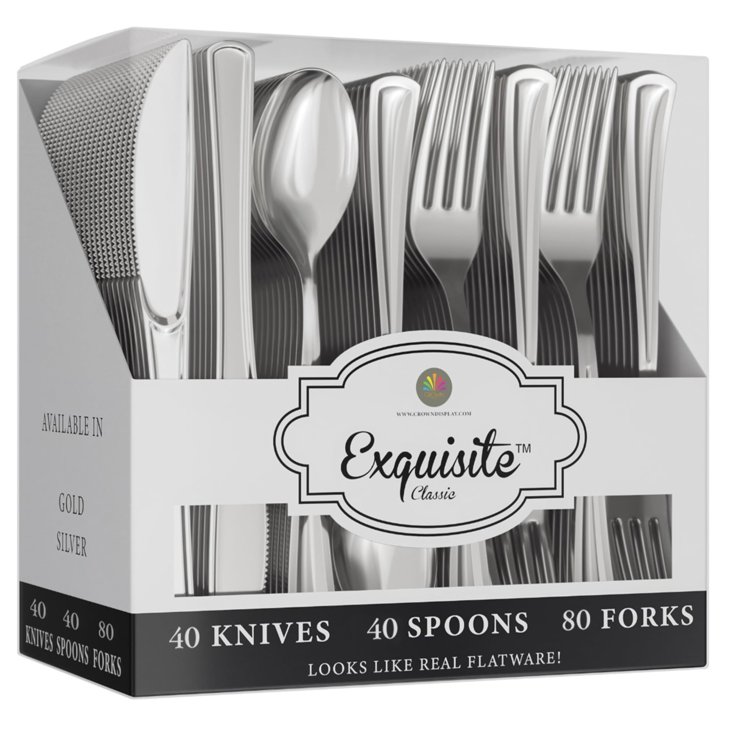 Exquisite Silver Plastic Silverware Heavy Duty 160 Pcs- 80 Silver Plastic Forks Heavy Duty, 40 Spoons & 40 Knives - Disposable Silverware Set,