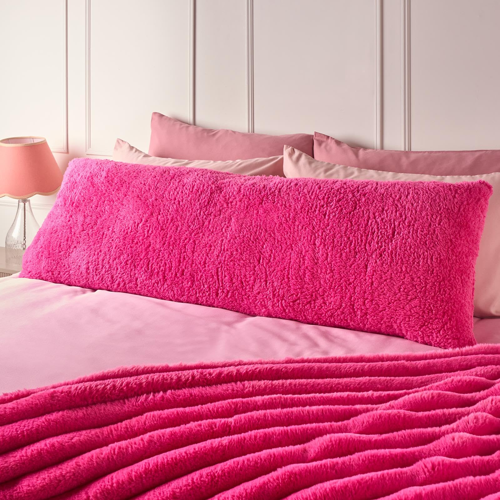 Ohs Women's Hot Pink Bolster Pillow For Bed Teddy Fleece Full Body Pillows Soft Long Pregnancy Pillow For Maternity Support & Side Sleeper Comfy Cosy Cuddle Cushion, 137 X 40Cm