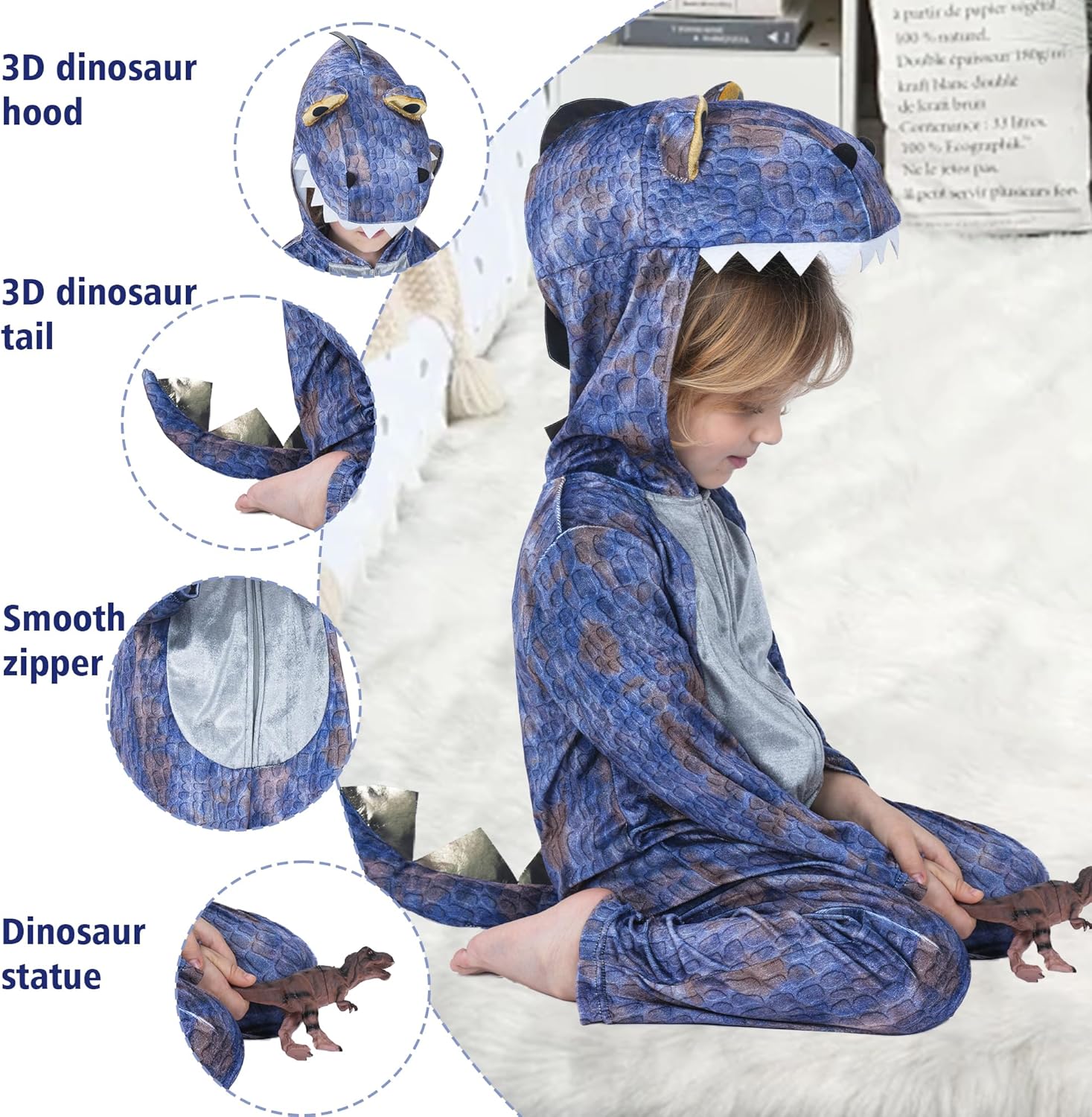 Wizland Toddlers Dinosaur Onesie Kids T Rex Costume Triceratops Velour, Kid Dinosaur Costume for Halloween - Image 6