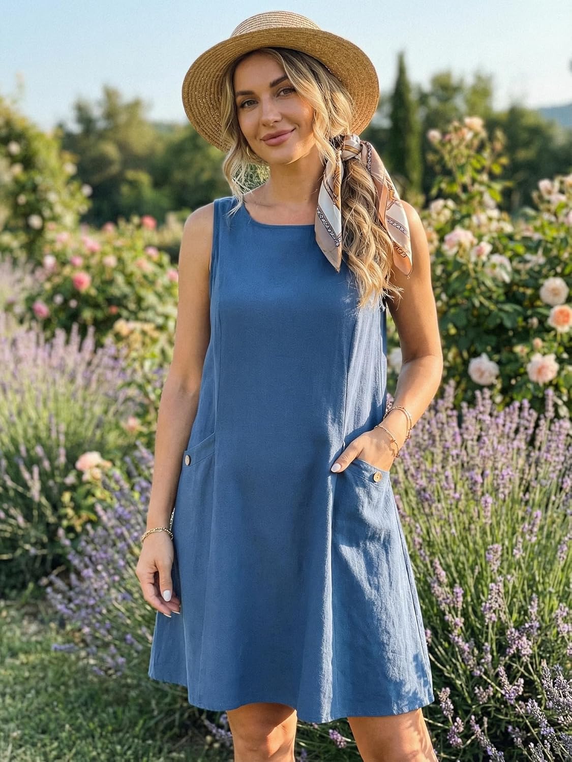 Seta T Women's Linen Dresses Summer Sleeveless Sundress Casual Loose Flowy Mini Tank Beach Dress with Pockets - Image 2